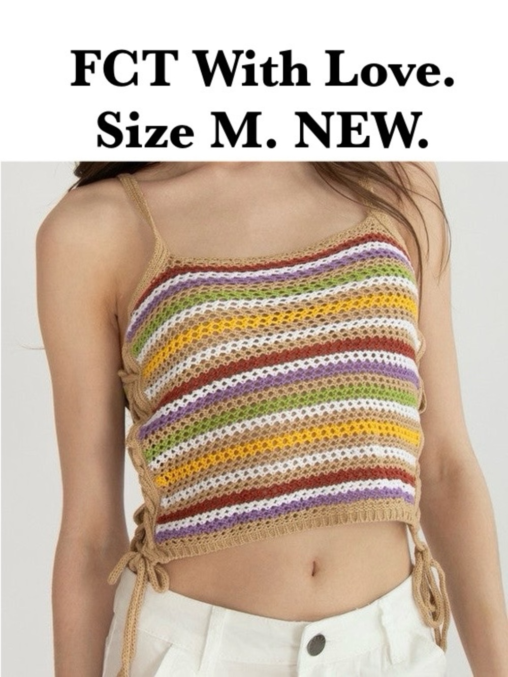 5/$15💥 Multicolor Striped Crochet Acrylic Tank Cropped Top Lace-Up Spring Summer